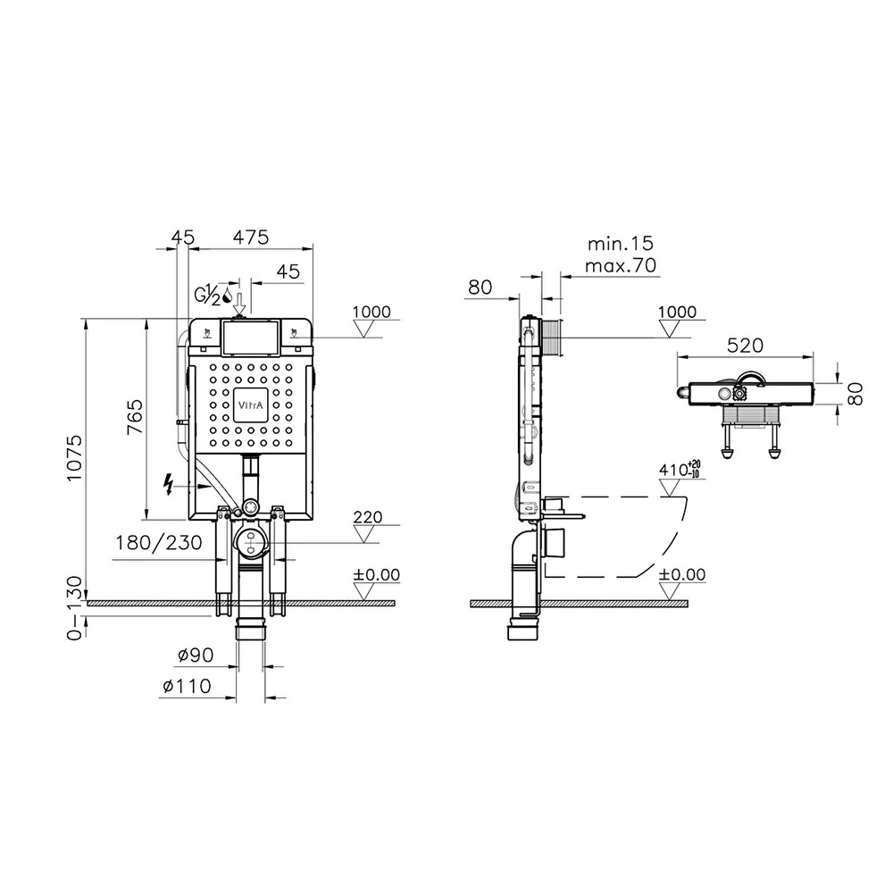 Vitra V8 3/6 L Asma Klozetler İçin Ayarlanabilir Kalın Metal Ayaklı Gömme Rezervuar 768-1850-01 2