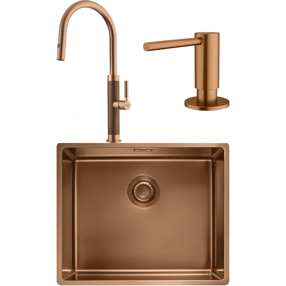 Franke Mythos Masterpiece BXM 210/110-50 Eviye + Mythos Masterpiece Spiralli Armatür + Active Sıvı Sabunluk (Bakır) Hemen Al