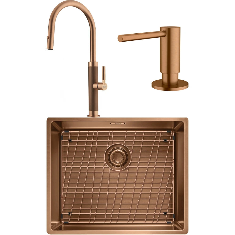 Franke Mythos Masterpiece BXM 210/110-50 Eviye + Mythos Masterpiece Spiralli Armatür + Active Sıvı Sabunluk (Bakır) Hemen Al