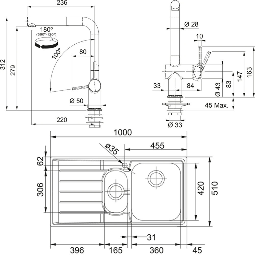 Franke Neptun NEX 651-100 Sol Damlalıklı Evye + Active Plus Doccia Armatür Seti Hemen Al