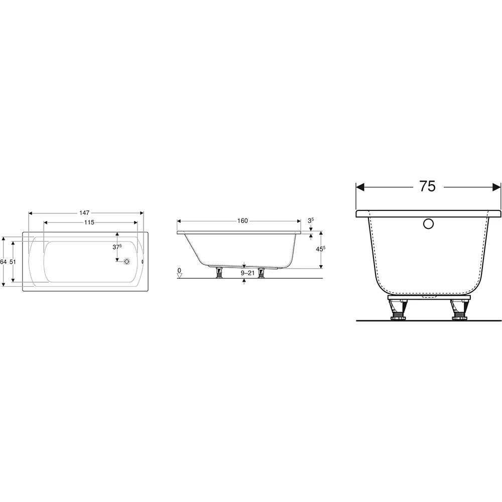 Geberit Perfect 160x75 Ayaklı Dikdörtgen Küvet - 554.072.01.1 Hemen Al