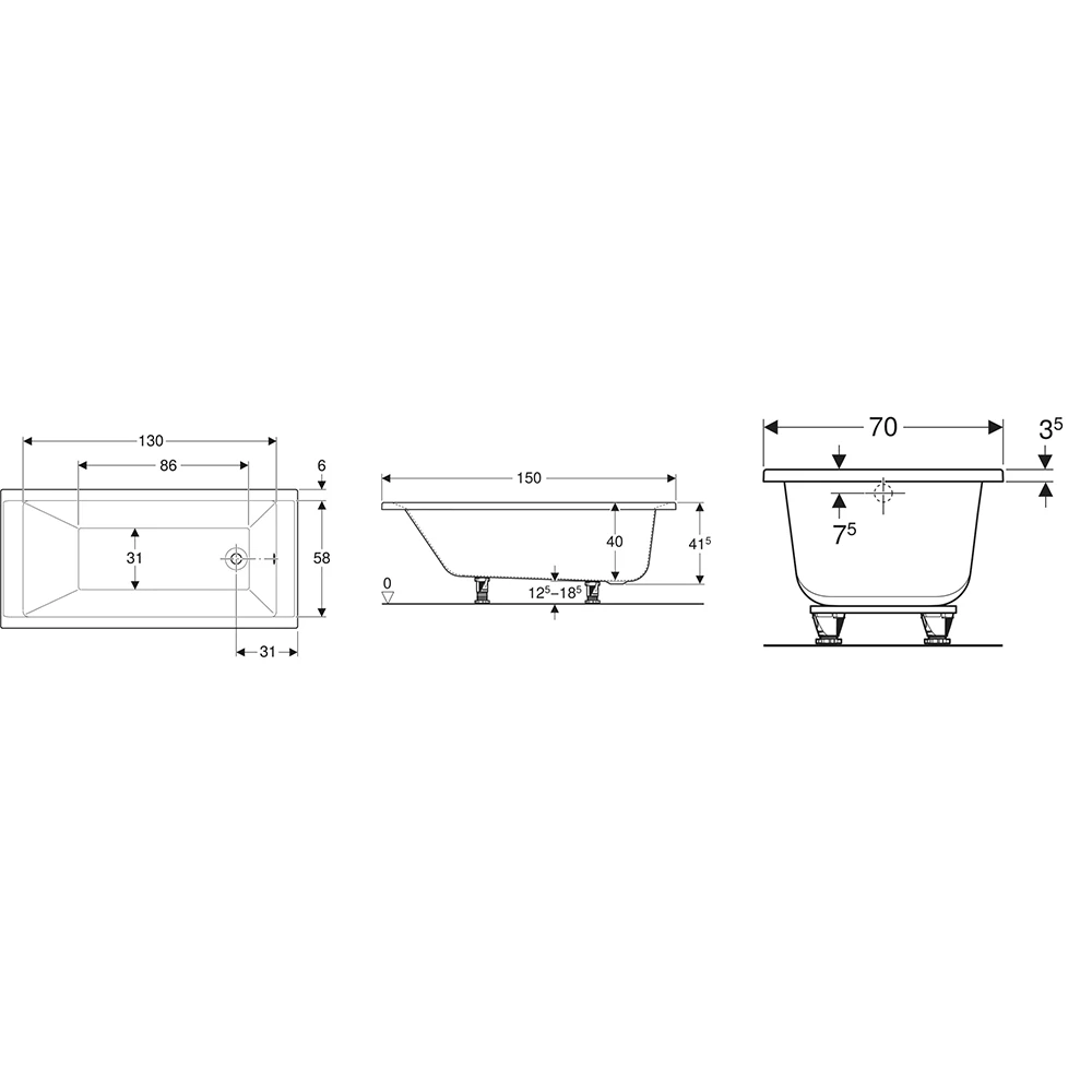 Geberit Supero 150x70 Ayaklı Dikdörtgen Küvet - 554.100.01.1 Hemen Al