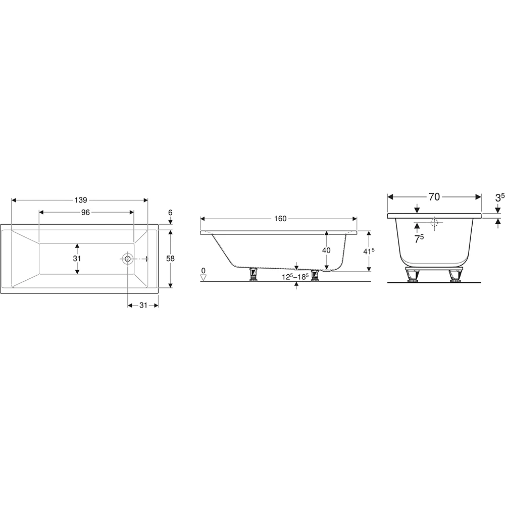 Geberit Supero 160x70 Ayaklı Dikdörtgen Küvet - 554.101.01.1 Hemen Al