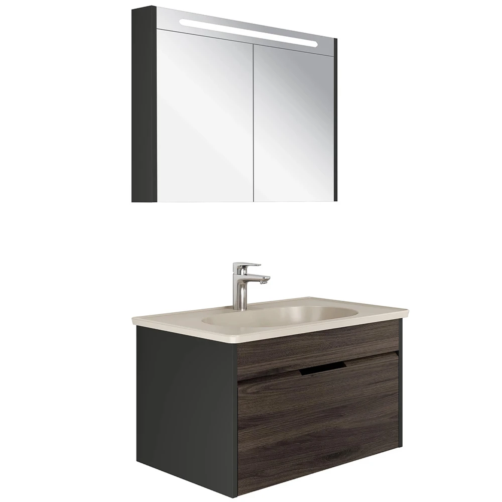 Kale Motion 80 Cm Set Antrasit-Ceviz (Mat Vizon Lavabo) Banyo Dolabı Hemen Al