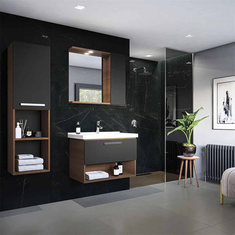 Kale Trevi 80 Cm Antrasit-Ceviz Banyo Dolabı Takımı Hemen Al