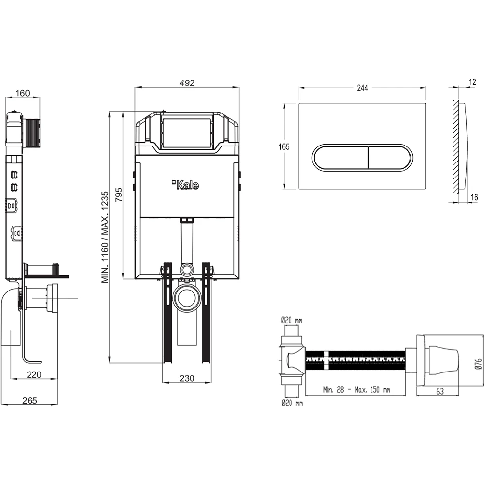 Kale Triton 3/6L Duvar İçi Gömme Rezervuar + Capsule Parlak Krom Panel + V100 Ankastre Stop Valf Hemen Al