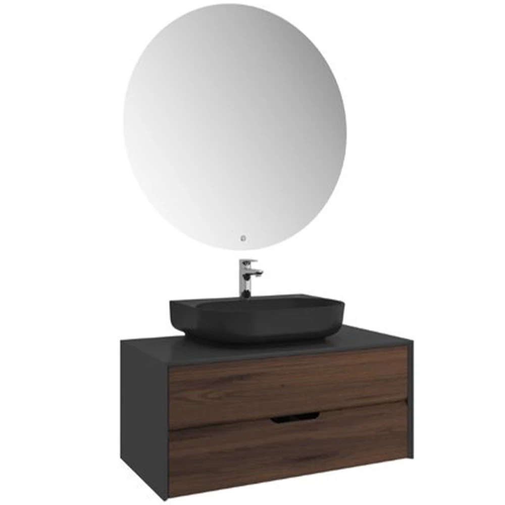 Kale Zero 2.0 100 Cm Antrasit Ceviz Banyo Dolabı (Oval Mat Siyah Armatür Bantlı Lavabo) Hemen Al