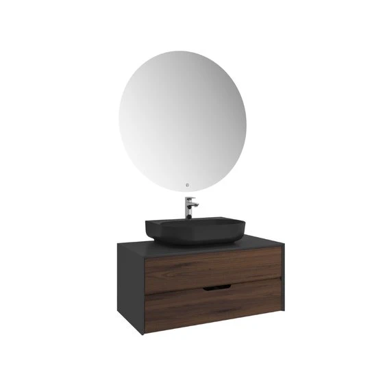 Kale Zero 2.0 100 Cm Antrasit Ceviz Banyo Dolabı (Oval Mat Siyah Armatür Bantlı Lavabo) Hemen Al