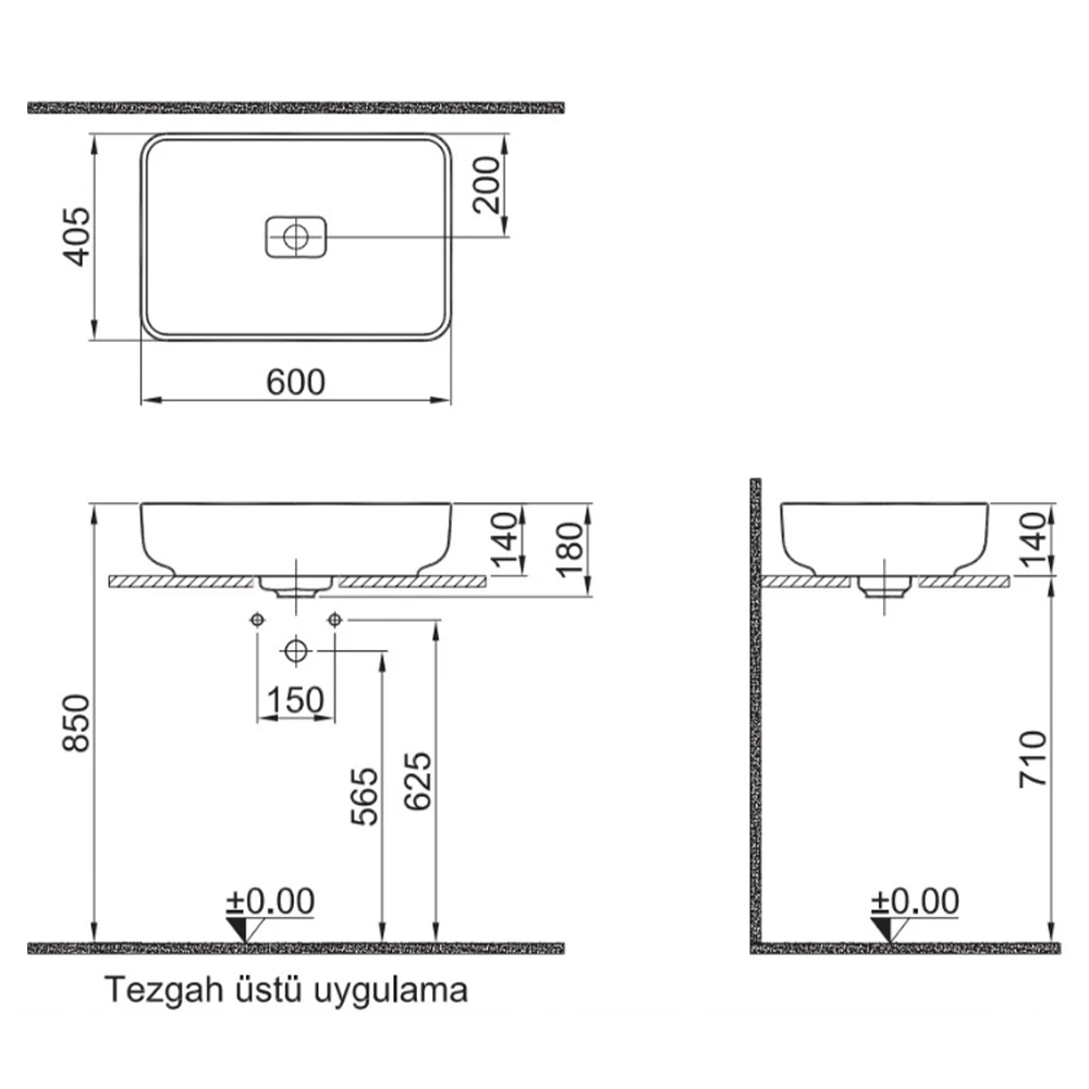 Kale Zero 2.0 60x40 Cm Mat Antrasit-Gri Dikdörtgen Çanak Lavabo Hemen Al