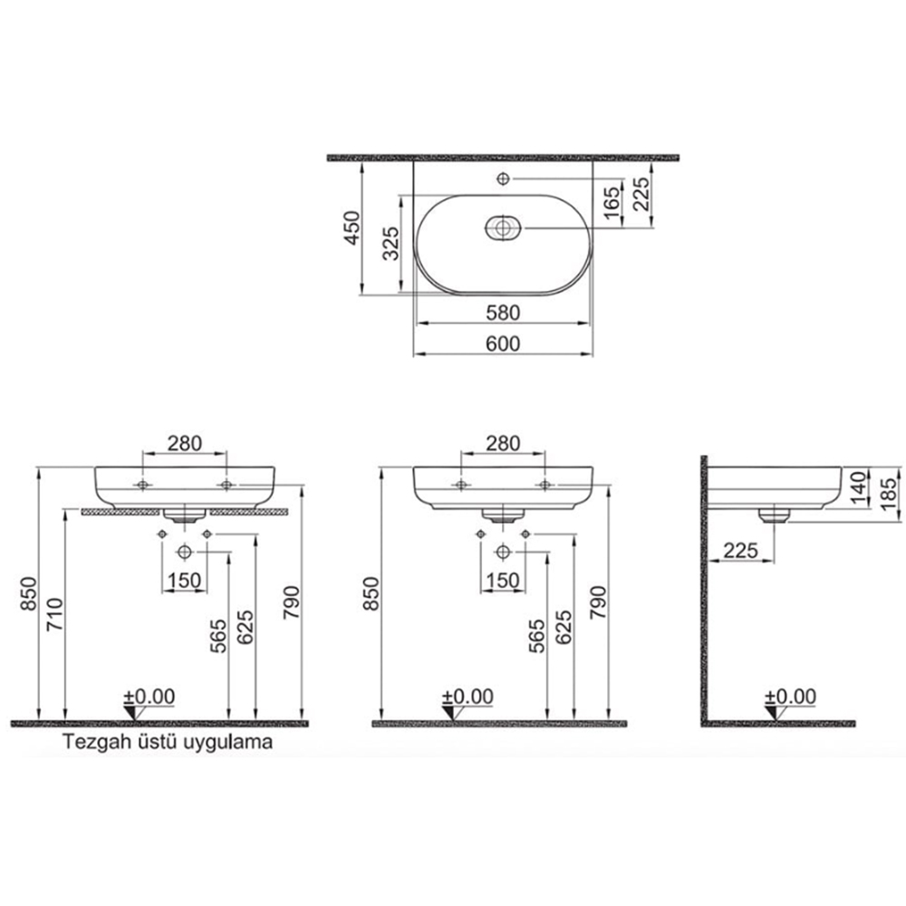 Kale Zero 2.0 60x45 Cm Armatür Bantlı Mat Siyah Oval Tezgah Üzeri Lavabo Hemen Al