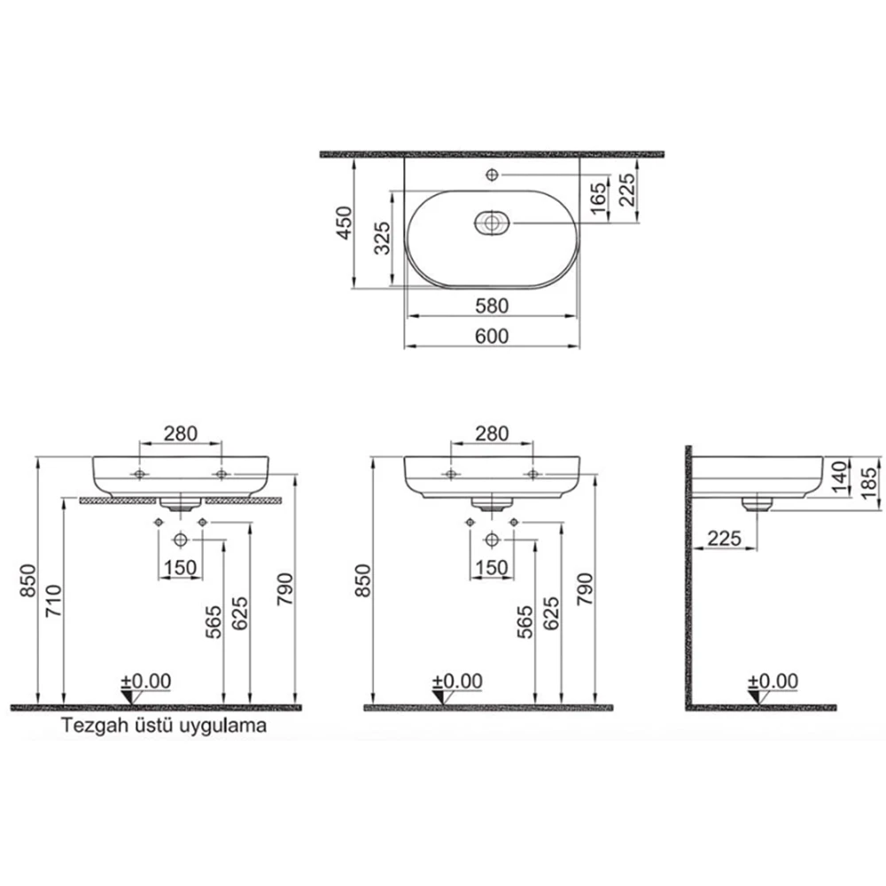 Kale Zero 2.0 60x45 Cm Armatür Bantlı Mat Vizon Oval Tezgah Üzeri Lavabo Hemen Al