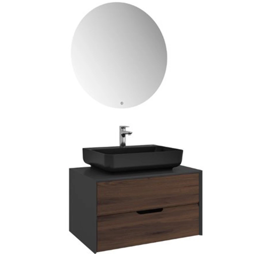 Kale Zero 2.0 80 Cm Antrasit Ceviz Banyo Dolabı (Dörtgen Mat Siyah Armatür Bantlı Lavabo) Hemen Al