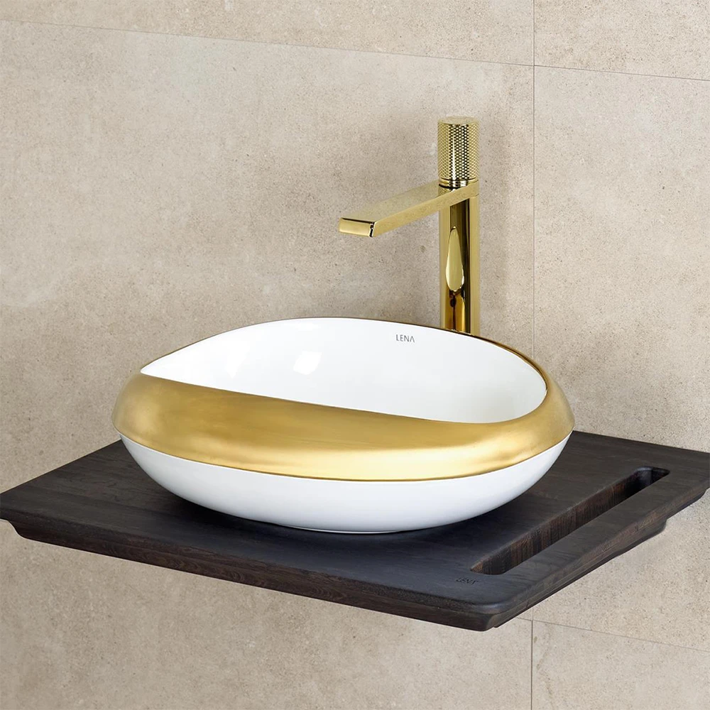 Lena EY-4710A 46x38 Cm Parlak Beyaz-Altın Tezgah Üstü Lavabo Hemen Al