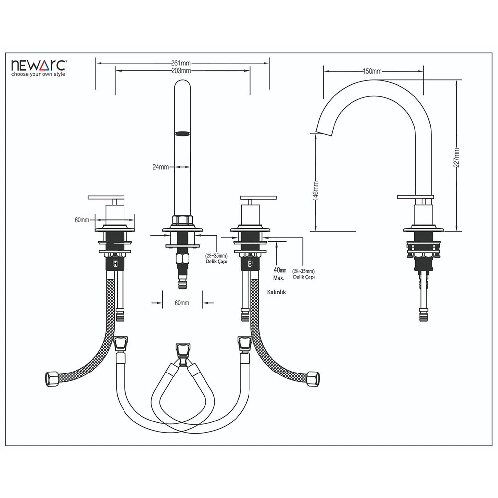 Newarc Newart Siyah 3 Delikli Lavabo Bataryası - 150561B Hemen Al