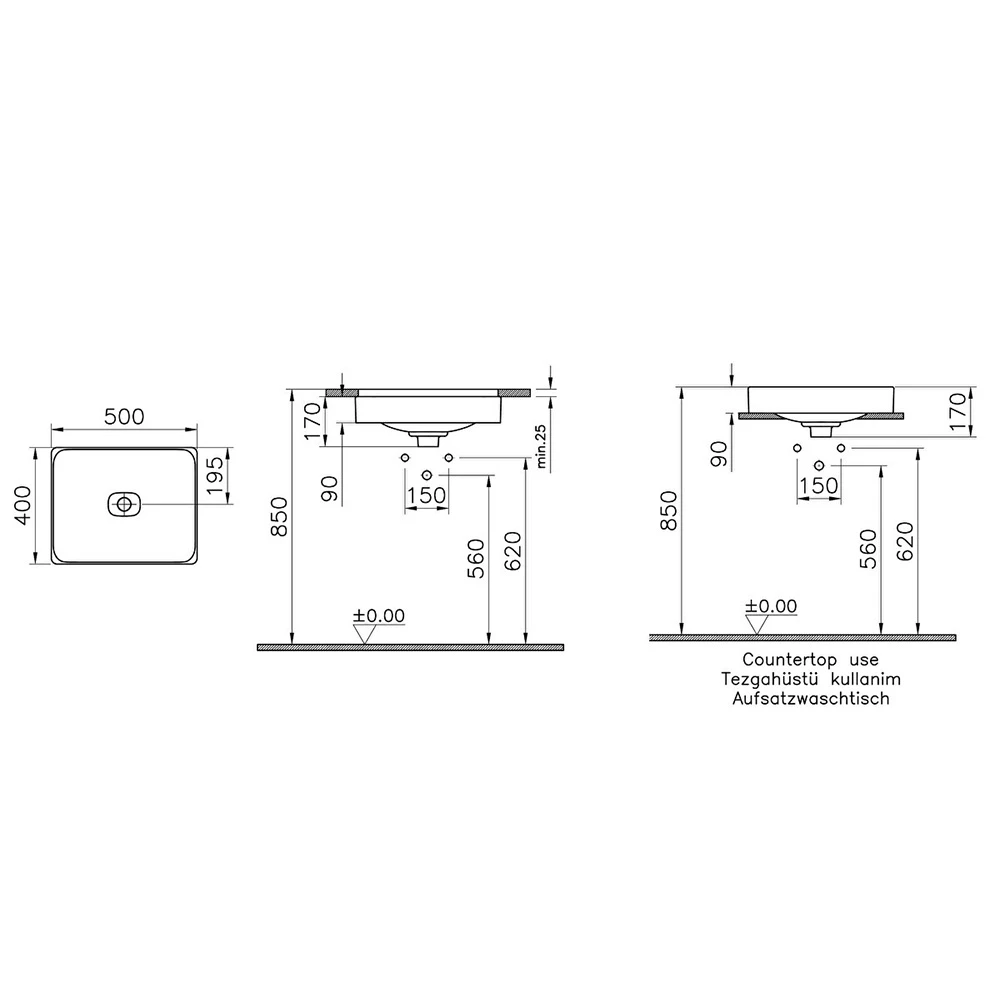 Vitra Metropole 50x40 Cm Dikdörtgen Mat Taş Gri Tezgahaltı Lavabo 7534B076-1083 Hemen Al