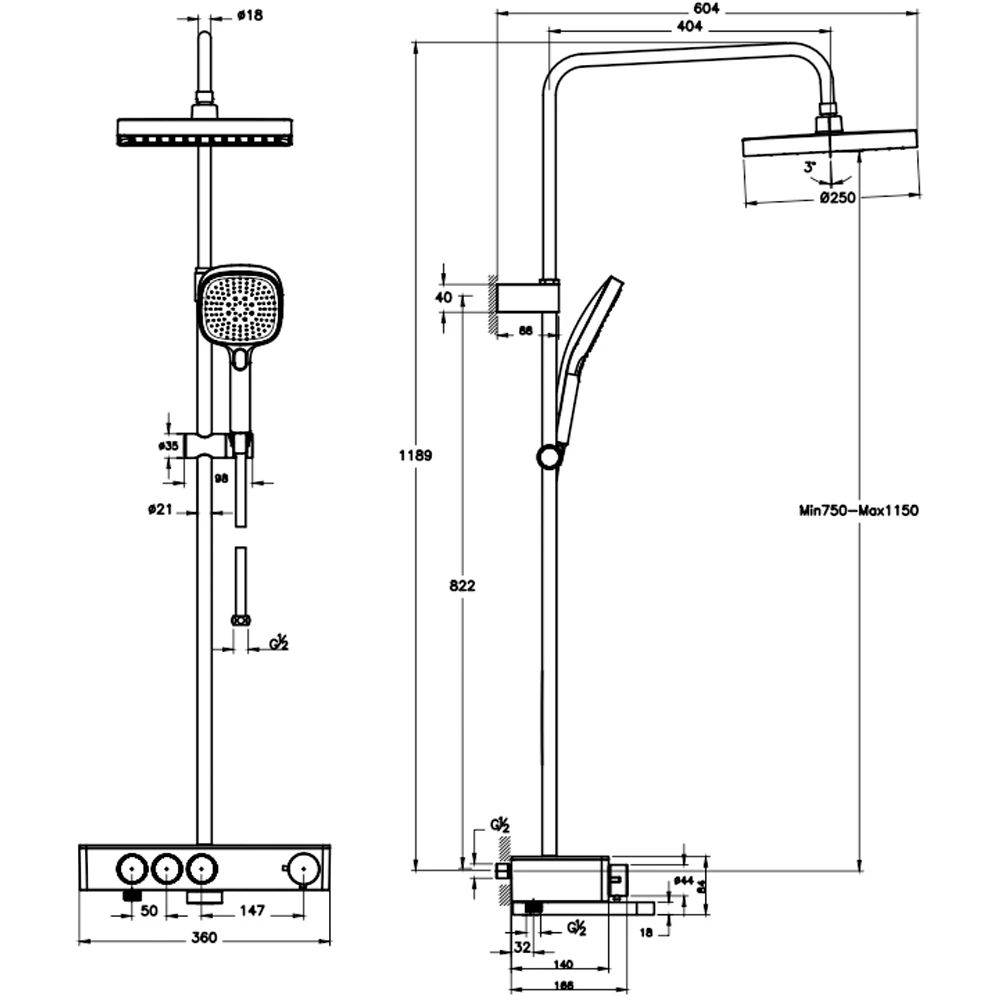 Artema Core Square 250 Termostatik Banyo Bataryalı Fırçalı Nikel Duş Kolonu - A4731034 2