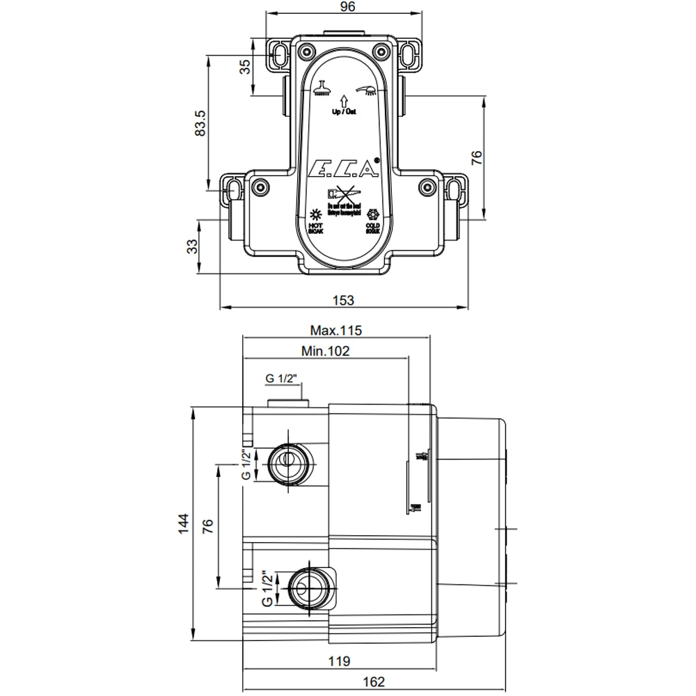 Eca 2 Yollu Mat Siyah Sıva Altı Termostatik Ankastre Banyo Bataryası - 102166204C1 2