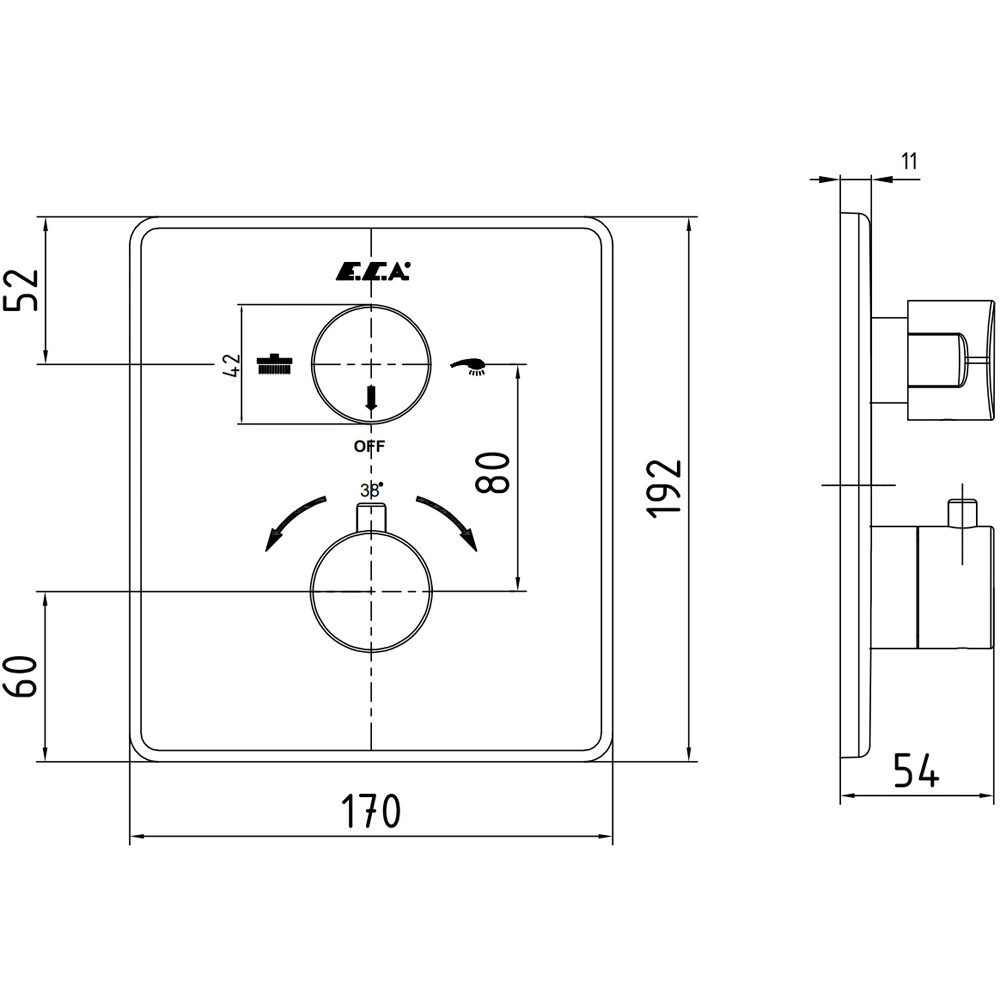 Eca Mat Siyah 2 Yollu Termostatik Ankastre Banyo/Duş Bataryası Sıva Üstü Grubu - 102167215C1-KDE 2