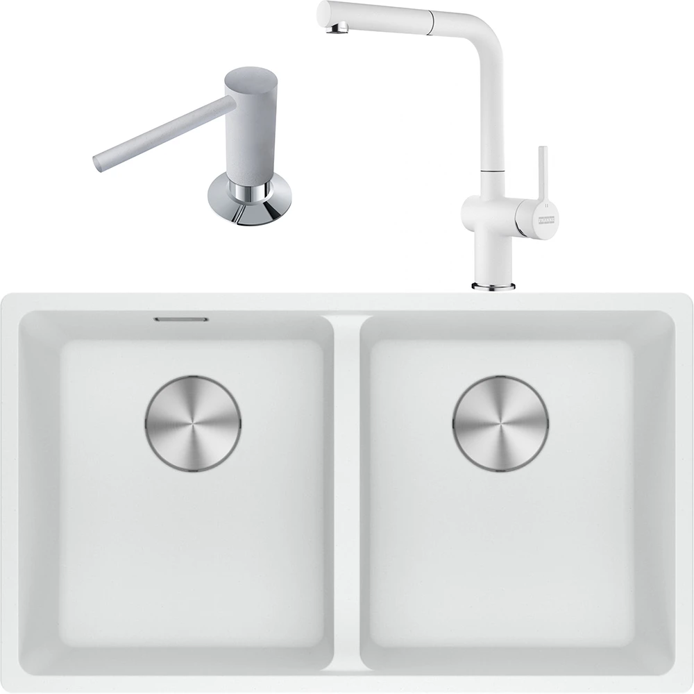 Franke Maris MRG 120-35-35 Granit Evye + Active Plus Doccia 2.0 Armatür + Sıvı Sabunluk (Bianco)