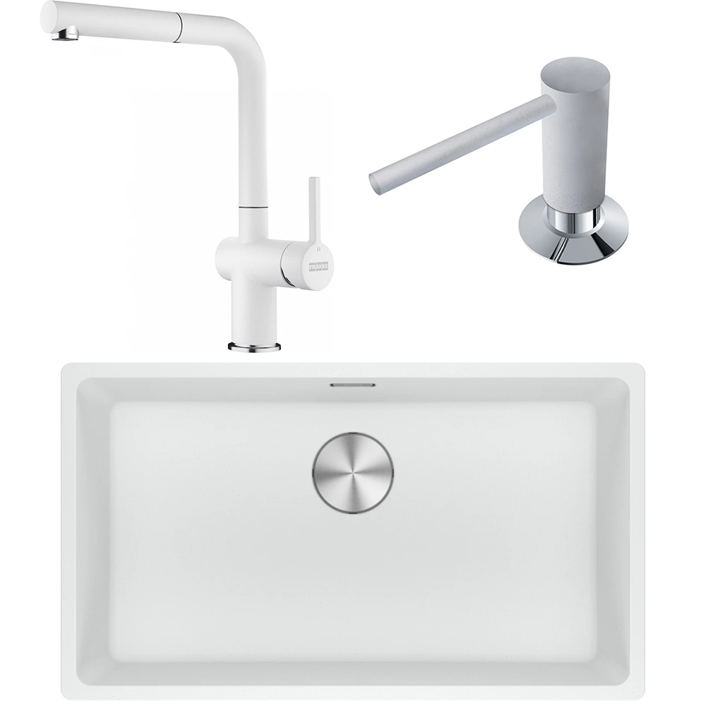 Franke Maris MRG 110-72 Granit Evye + Active Plus Doccia 2.0 Armatür + Sıvı Sabunluk (Bianco)