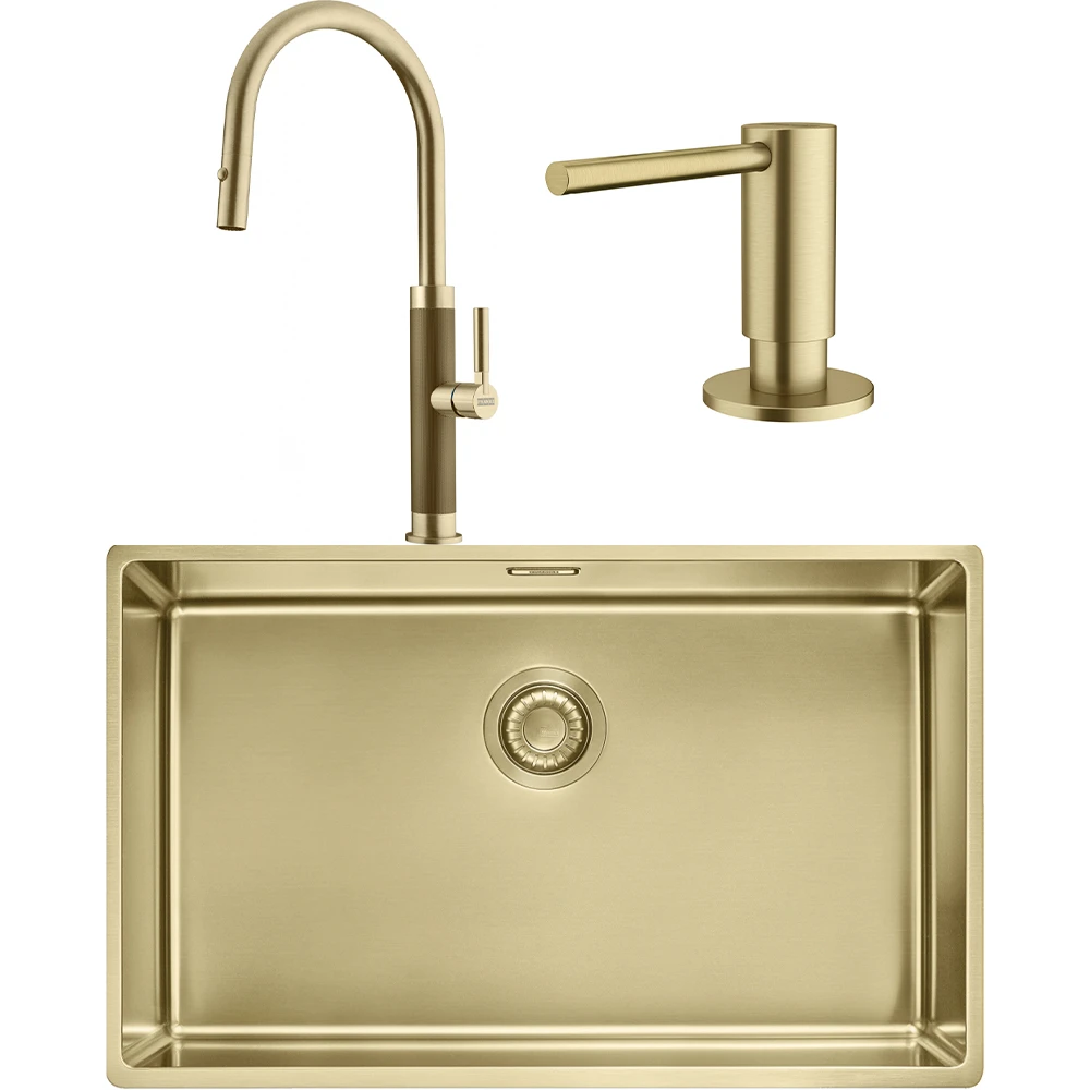 Franke Mythos Masterpiece BXM 210/110-68 Eviye + Mythos Masterpiece Spiralli Armatür + Active Sıvı Sabunluk (Altın)
