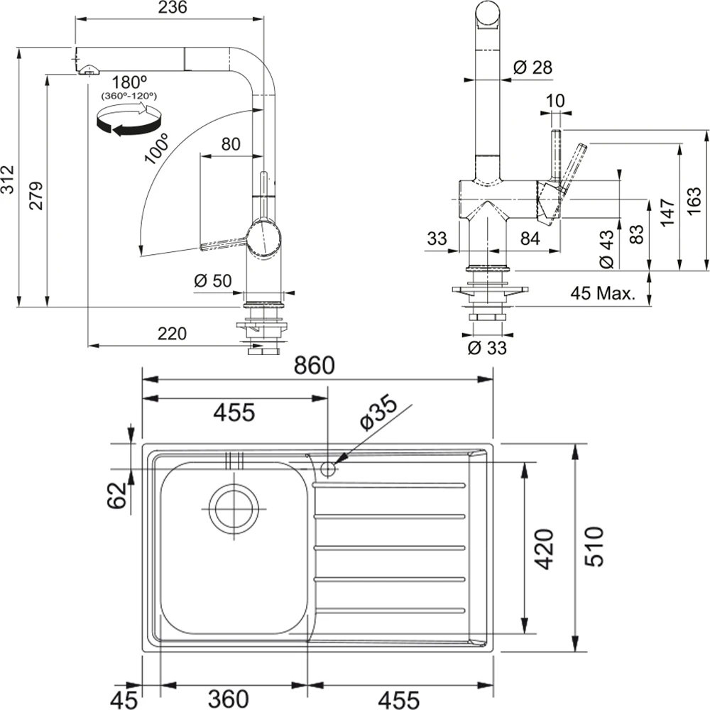 Franke Neptun NEX 611-86 Sağ Damlalıklı Evye + Active Plus Doccia Armatür Seti 2