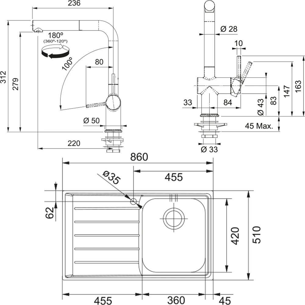 Franke Neptun NEX 611-86 Sol Damlalıklı Evye + Active Plus Doccia Armatür Seti 2