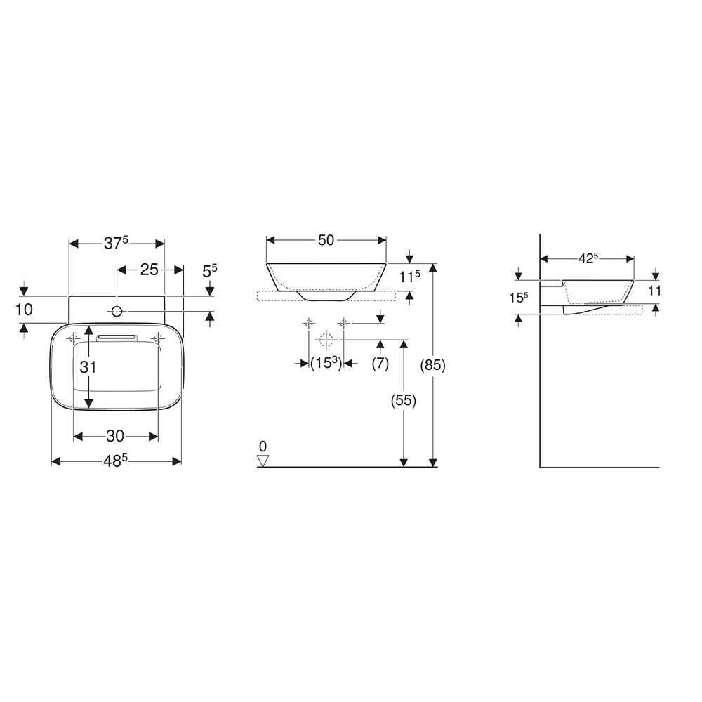 Geberit ONE CleanDrain 50 cm Kabuk Çanak Lavabo, Batarya Deliksiz 3