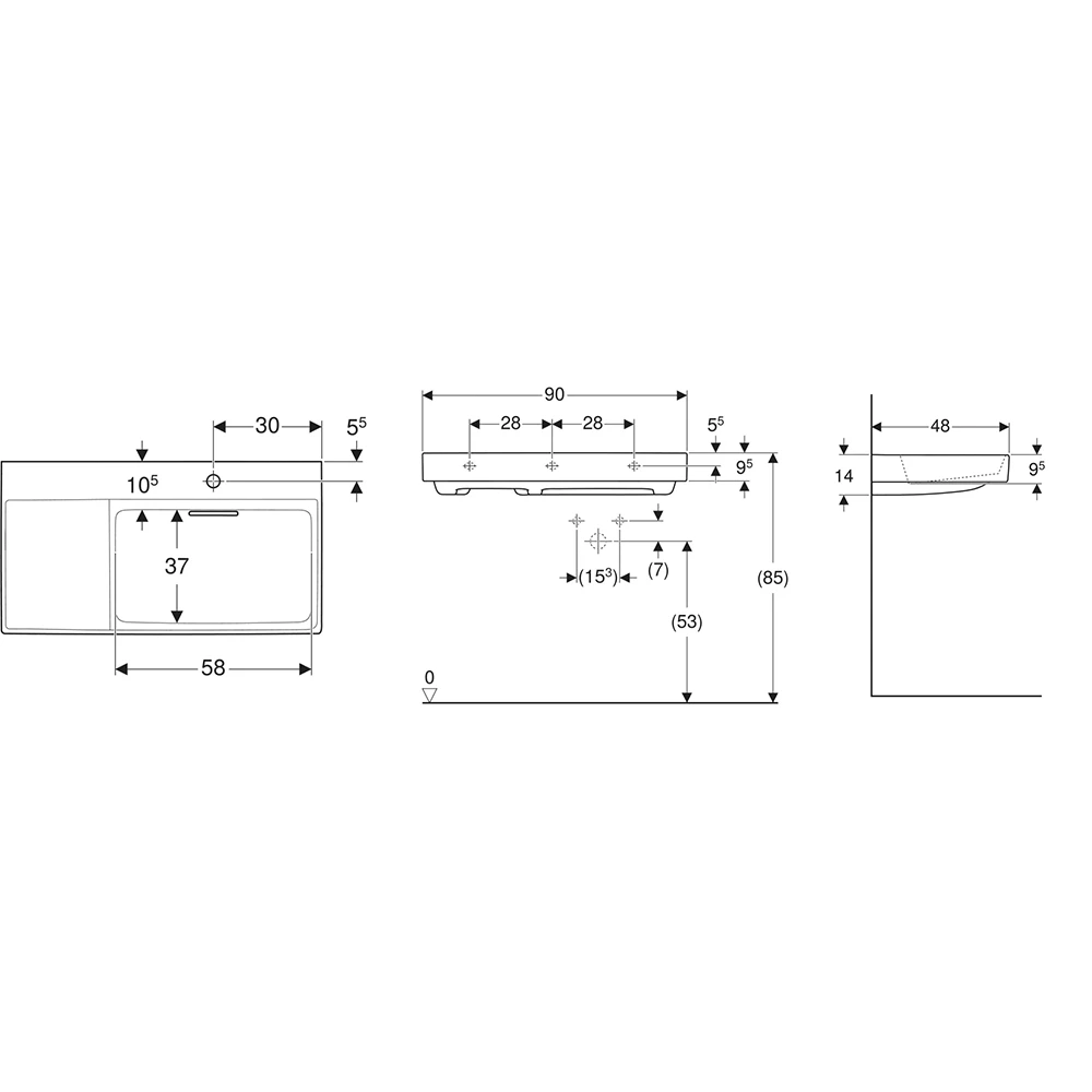 Geberit ONE CleanDrain 90 cm Sol Etajerli Lavabo, Batarya Delikli 2