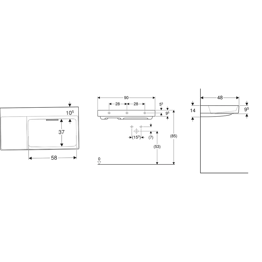 Geberit ONE CleanDrain 90 cm Sol Etajerli Lavabo, Batarya Deliksiz 2