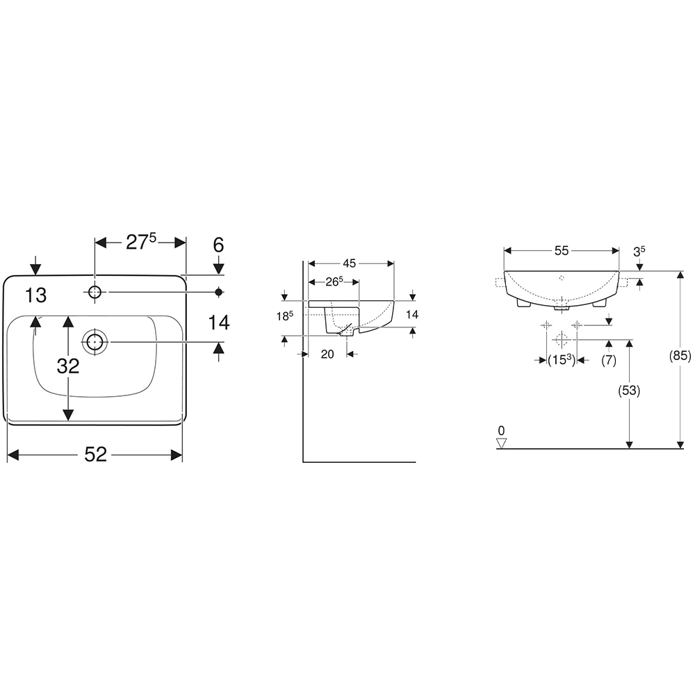 Geberit VariForm 55x45 cm Dikdörtgen Tezgah Altı Lavabo 2