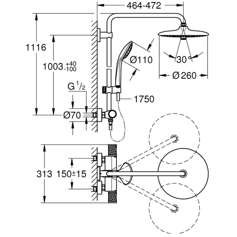 Grohe Euphoria System Duvara Monte Termostatik Bataryalı Duş Sistemi -27615002 2