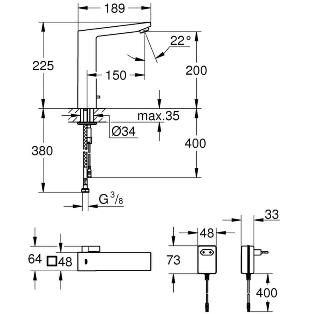 Grohe Eurocube E Çift Su Girişli Ayarlanabilir Sıcaklık Sınırlayıcısı Fotoselli Lavabo Bataryası - 36441000 2