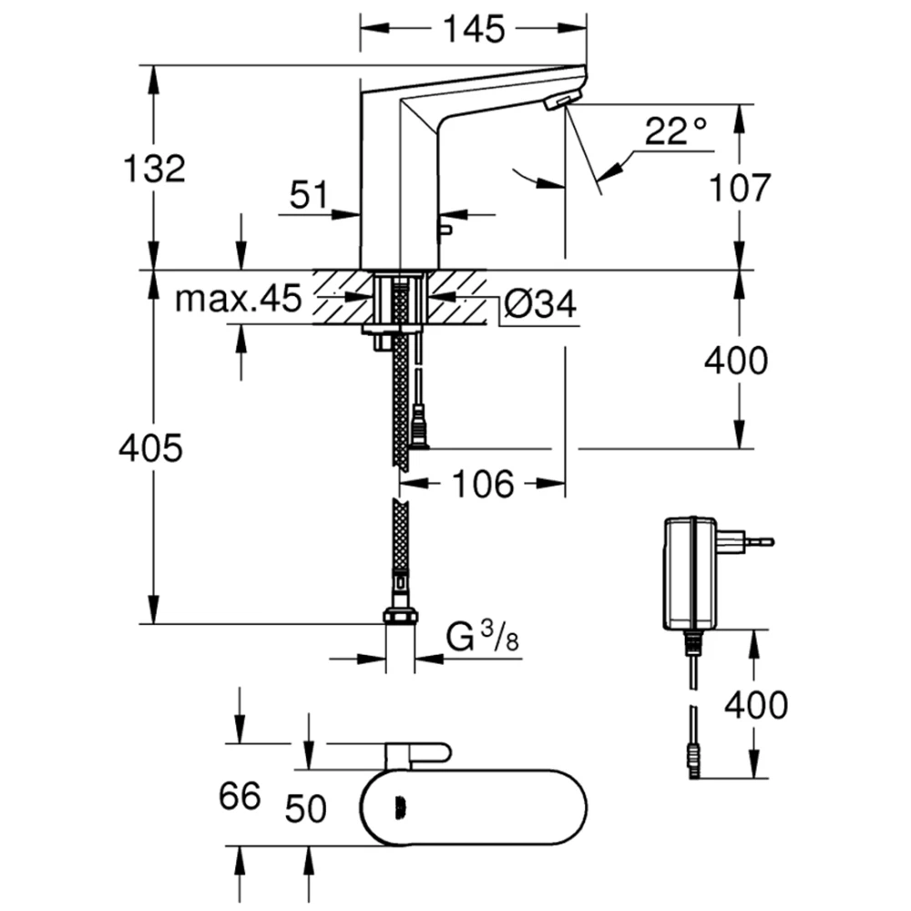 Grohe Eurosmart Cosmopolitan E Çift Su Girişli Ayarlanabilir Sıcaklık Sınırlayıcısı Fotoselli Lavabo Bataryası - 36325002 2