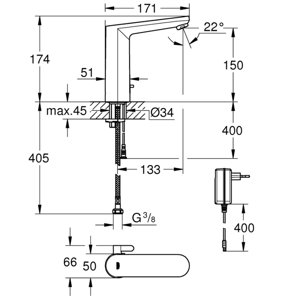 Grohe Eurosmart Cosmopolitan E Çift Su Girişli, Ayarlanabilir Sıcaklık Sınırlayıcısı Fotoselli Lavabo Bataryası - 36421001 2