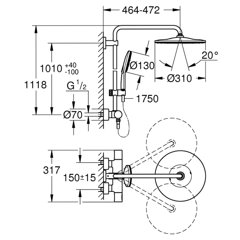 Grohe Rainshower System Duvara Monte Termostatik Bataryalı Duş Sistemi - 26657000 2