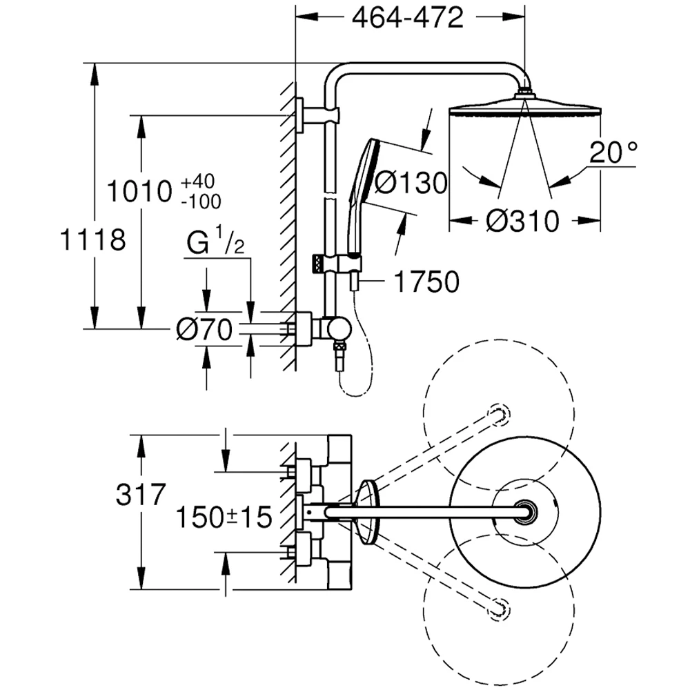 Grohe Rainshower System Duvara Monte Termostatik Bataryalı Mat Siyah Duş Sistemi - 22119KF0 2