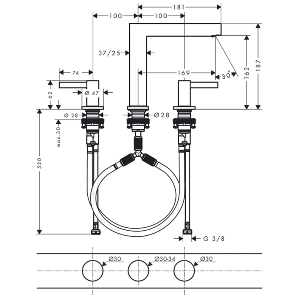 Hansgrohe Finoris 3 Delikli Lavabo Bataryası 76034000 2