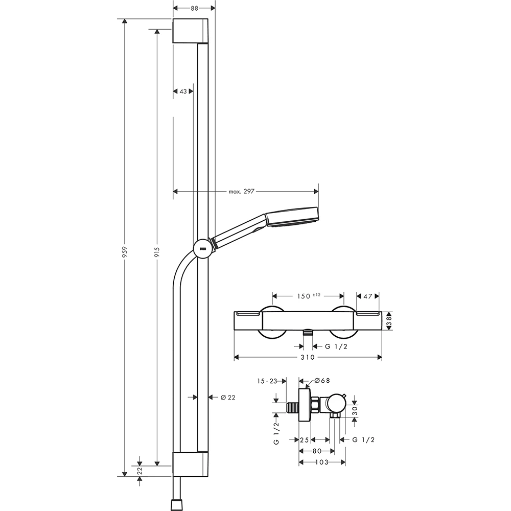 Hansgrohe Pulsify Select S Satin Siyah Termostatik Banyo Bataryalı 90 Cm Duş Barı - 24271670 2