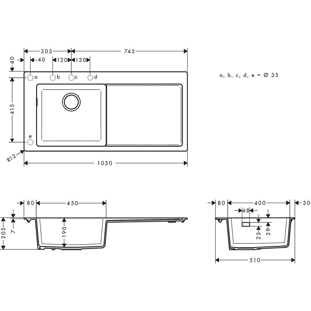 Hansgrohe S51 S5110-F450 Taş Gri Sağ Damlalıklı Ankastre Eviye 43330290 2