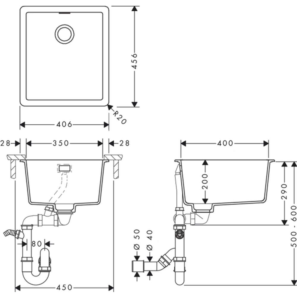 Hansgrohe S52 S520-F350 Grafit Siyahı Ankastre Granit Eviye - 43349170 2