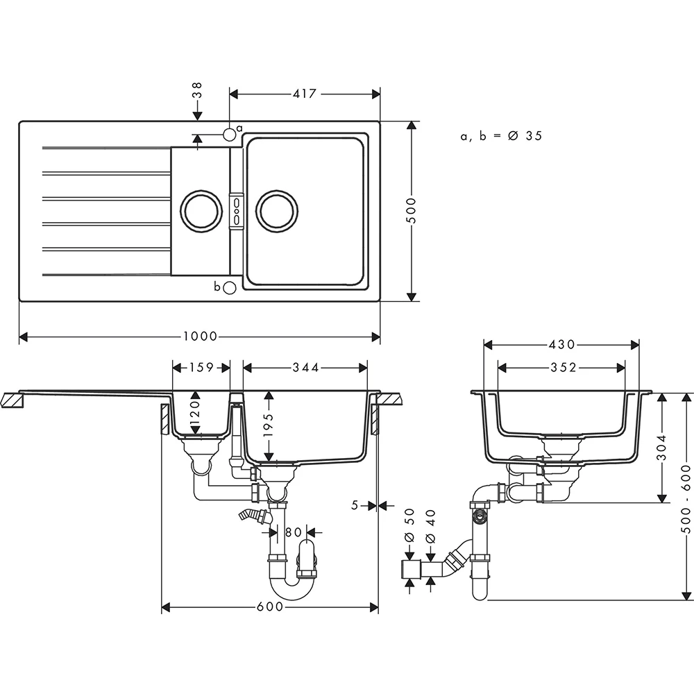 Hansgrohe S52 S520-F530 Taş Gri Ankastre Granit Eviye - 43357290 2