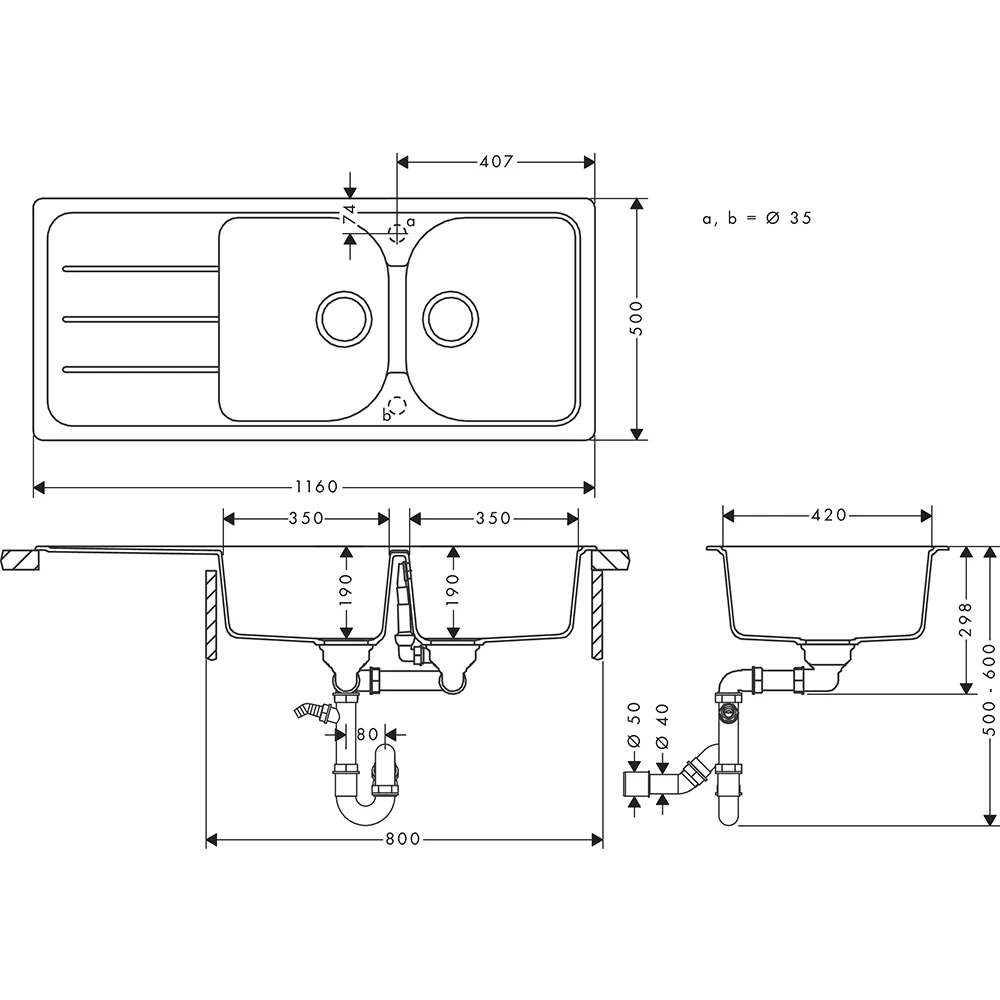 Hansgrohe S52 S520-F735 Beton Gri Ankastre Granit Eviye - 43348380 2