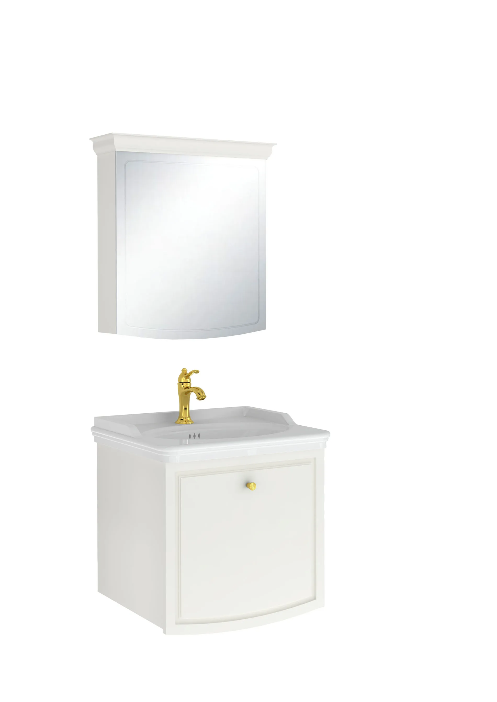 Kale Arte+ 65 Cm Parlak Beyaz Banyo Dolabı Takımı (Altın Kulp)