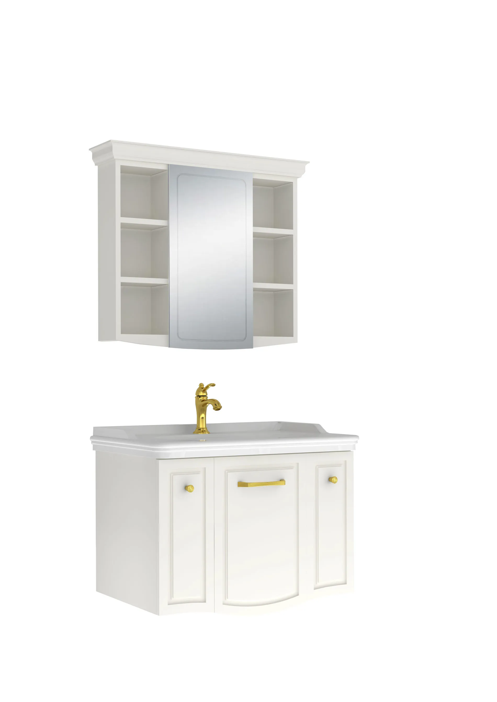 Kale Arte+ 80 Cm Parlak Beyaz Banyo Dolabı Takımı (Altın Kulp)
