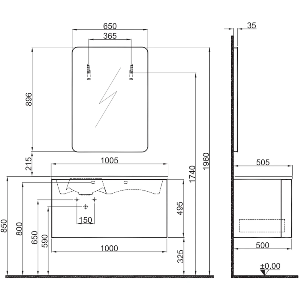 Kale Fold Pro 100 Cm Sağ Etajer Lavabolu Mat Siyah Banyo Dolabı Takımı 2