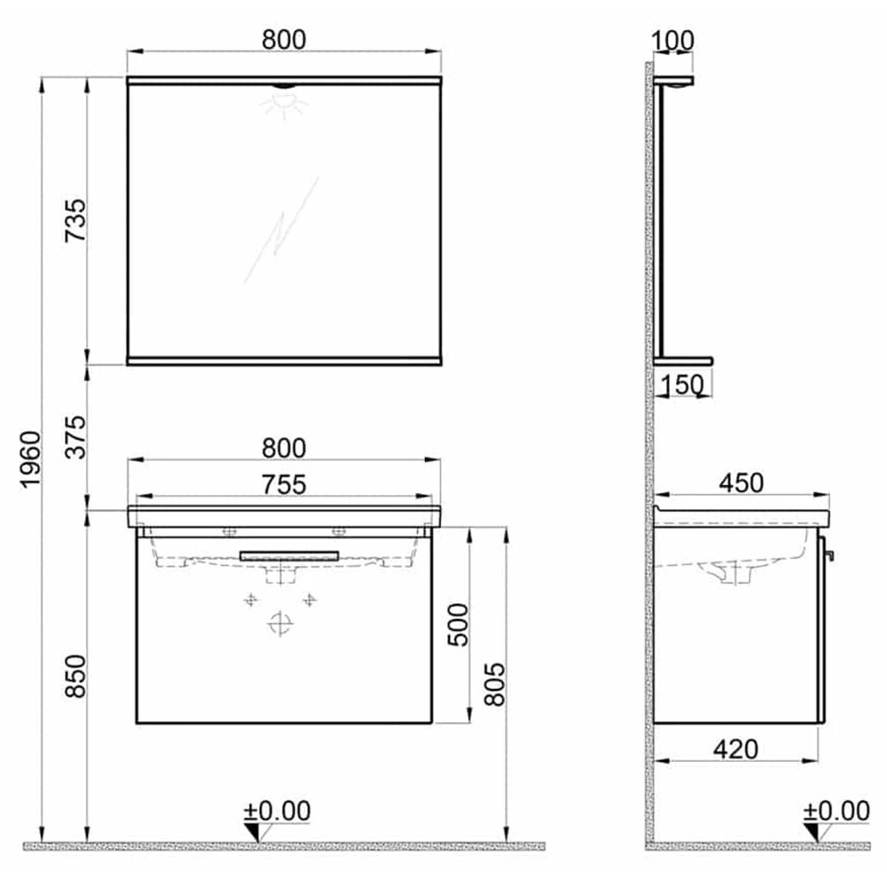Kale Gris 80 Cm Siyah-Gri Banyo Dolabı Takımı 2