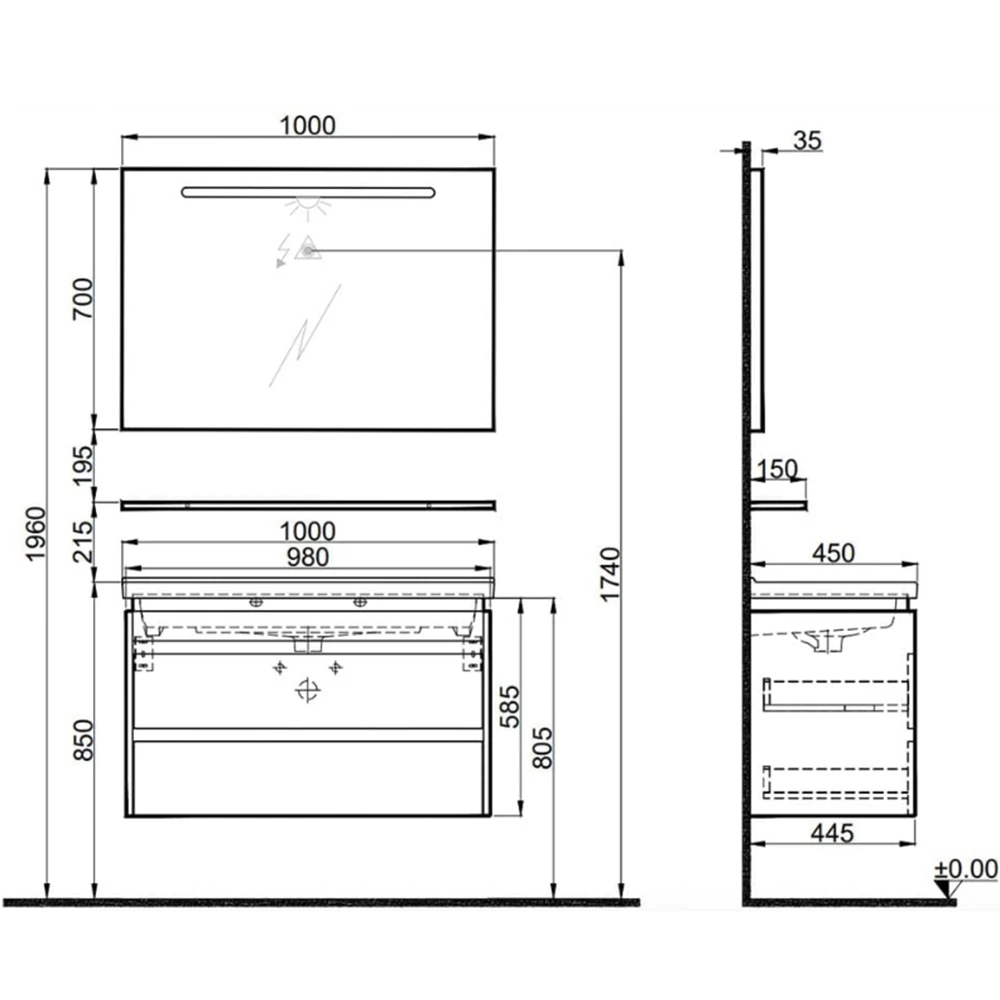 Kale Idea 2.0 100 Cm Parlak Antrasit Çift Çekmeceli Banyo Dolabı Takımı 610100200531 2