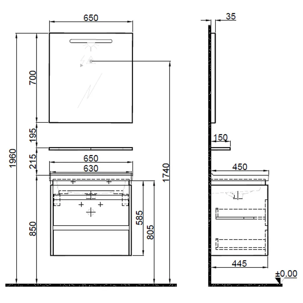 Kale Idea 2.0 65 Cm Pasifik A Çift Çekmeceli Banyo Dolabı Takımı 2