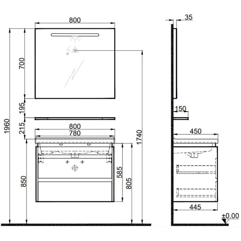 Kale Idea 2.0 80 Cm Parlak Antrasit Çift Çekmeceli Banyo Dolabı Takımı 610100200527 2